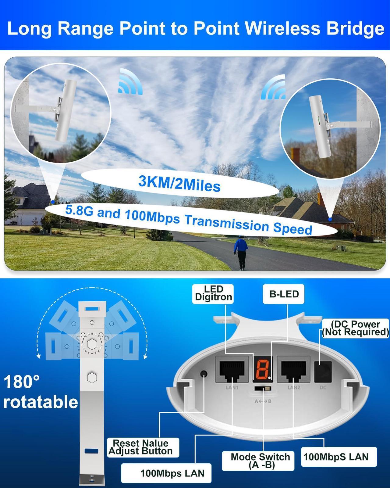 5.8G Wireless Bridge with Pole/Wall Mount Bracket - Extend Starlink Internet Access Outdoor, 2 Miles Point to Point WiFi Bridges with PoE Adapter, 2-Pack | +254 701 245089 5.8G Wireless Bridge with Pole/Wall Mount Bracket - Extend Starlink Internet Access Outdoor, 2 Miles Point to Point WiFi Bridges with PoE Adapter, 2-Pack - Image 2